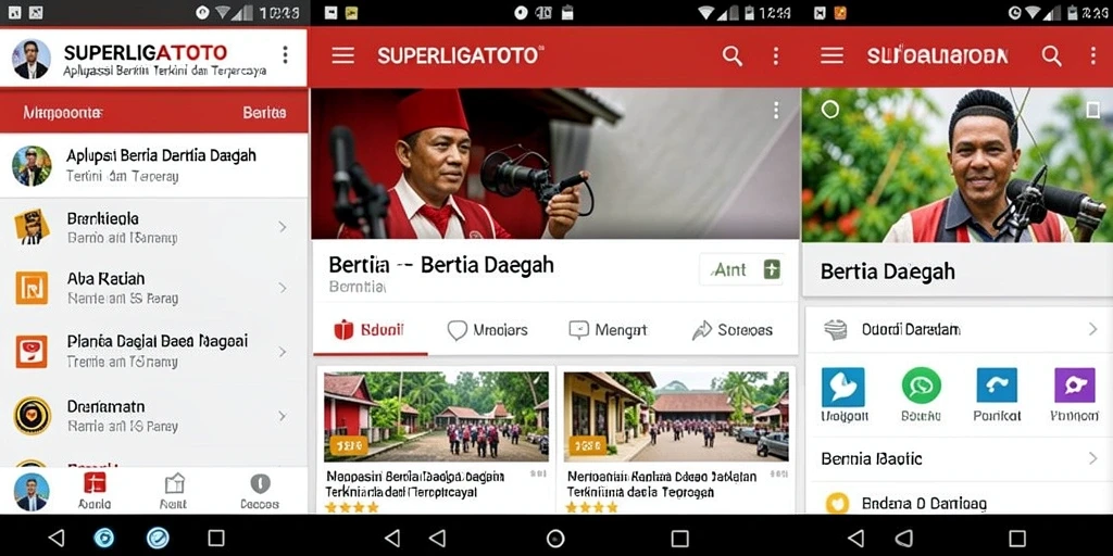 Tampilan antarmuka aplikasi SUPERLIGATOTO dengan berita daerah terkini.